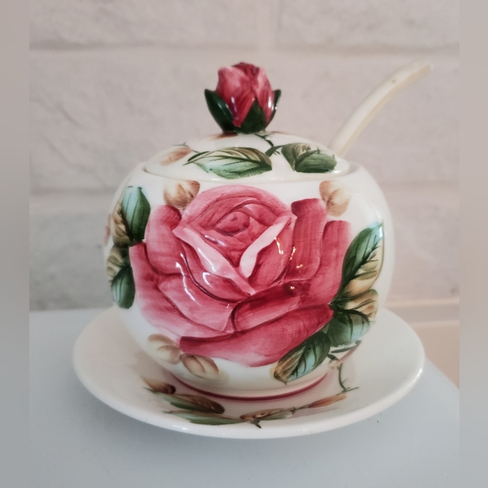 Ceramic Sugar Bowl, Roses Design, used